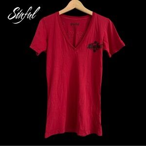 Sinful Iconic Blood Red Angel Wings V-Neck Tee Small